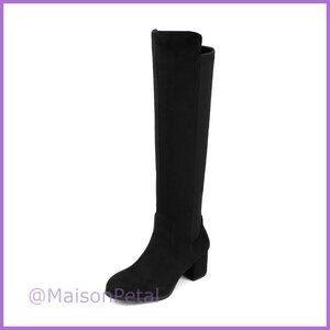 Stretchy Knee High Boots with Faux Fur Trim and Block Heel